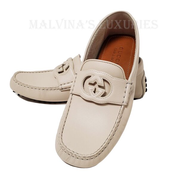 GUCCI SHOES MENS LOAFERS MOCCASINS G LOGO WHITE LEATHER sz 7.5G 8 - Picture 4 of 14